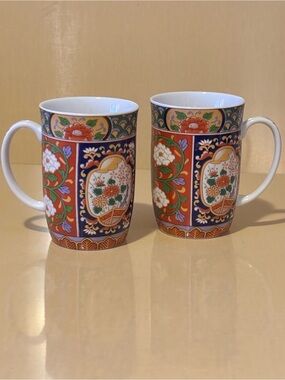 Set of 2 Multicolored Japanese Floral Ceramic Coffee Mugs
